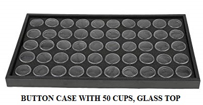 Display case with 50 cups: relics, buttons, arrowheads, coins